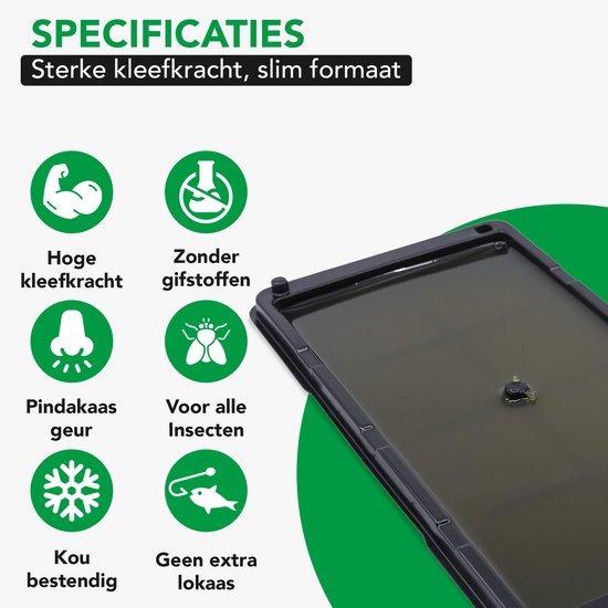 Vier iconen tonen: sterke kleefkracht, zonder gifstoffen, pindakaasgeur, voor alle insecten, kou bestendig en geen extra lokaas. Rechts een close-up van een lijmval.