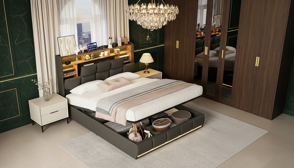 Opbergbed 140x200 cm Casa Velluto – Modern Gevoerd Tweepersoonsbed met LED-verlichting, USB-poort, Hydraulische Opbergruimte & Lattenbodem – Zwart Luxe Slaapkamer Bed voor Volwassenen