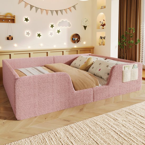 Lit rembourré - 140 x 190 cm - barrières de sécurité amovibles - avec poche de rangement intégrée - velours - rose - sans matelas