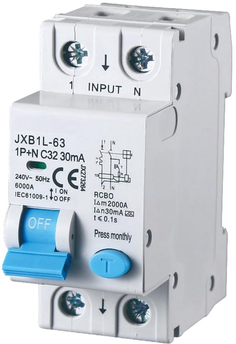 Aardlekschakelaar 1P+N 32A 30mA 220V 6KA DIN C32 Klasse A voor Elektrische Bescherming