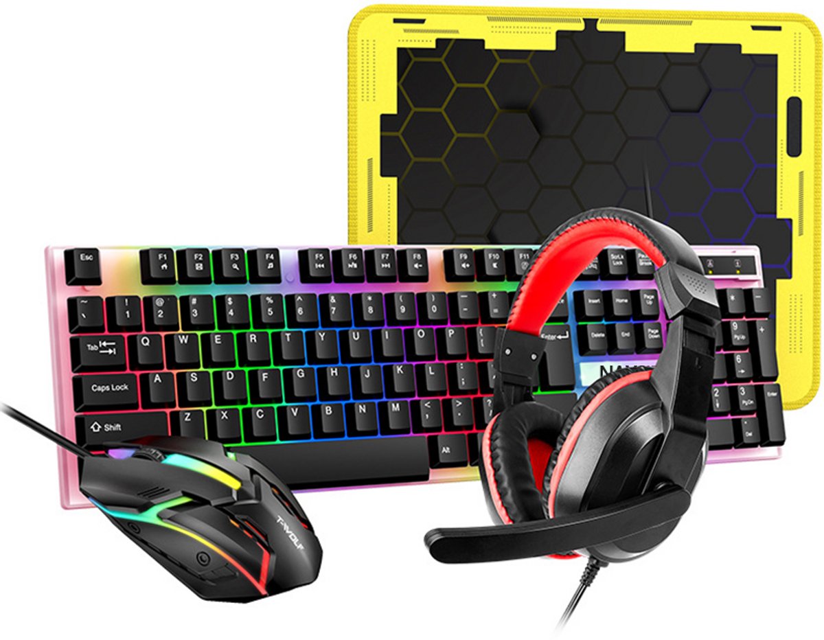 NAXSIR Gamingtoetsenbord en -muis 4-in-1, headset, muismat, verlicht toetsenbord en muis, 4-delige set