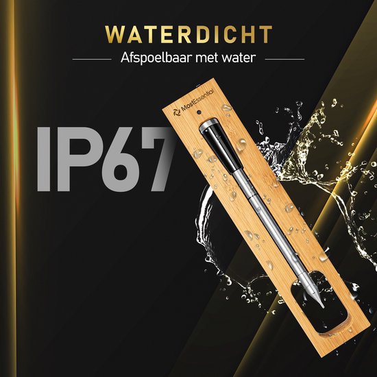 Thermometer in houten houder omringd door waterdruppels, met IP67 aanduiding.