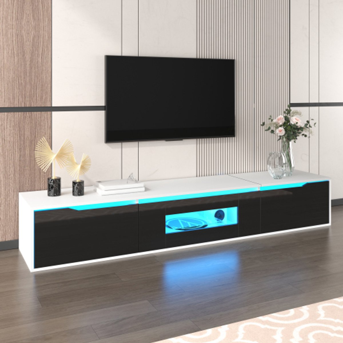 Rayofi TV kast - hoogglans TV-meubel, qua kleur afgestemd op zwart en wit, met kleurveranderende LED-verlichting