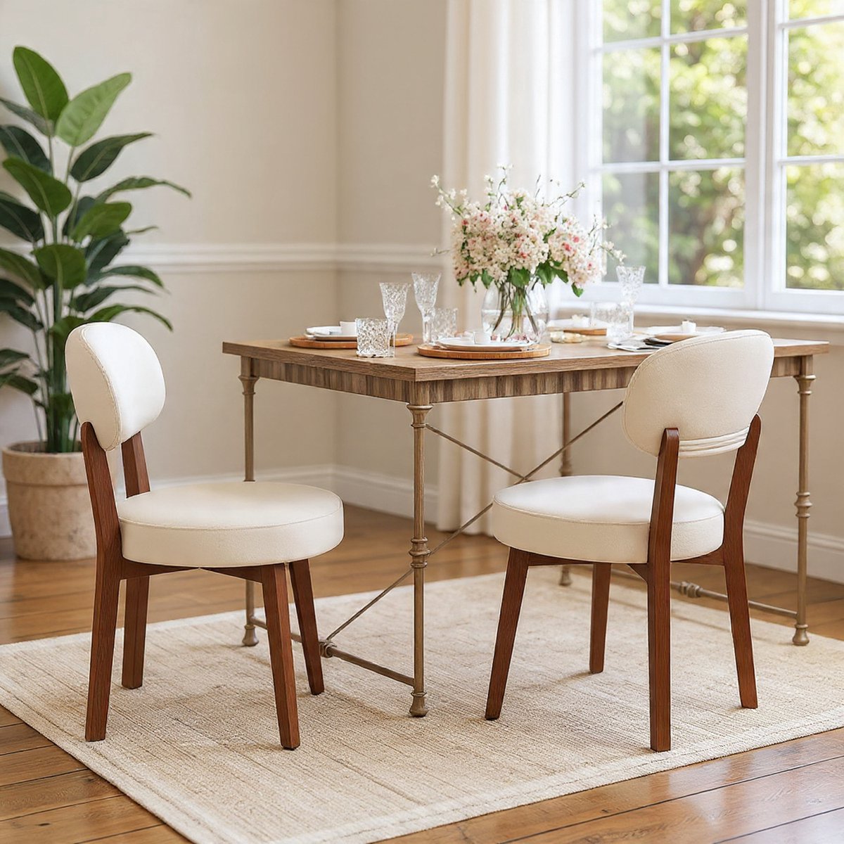 Eetkamerstoelen, set van 2, gestoffeerde keukenstoel, woonkamerstoel met rugleuning en massief houten poten, linnen eetkamerstoel voor eetkamer, woonkamer, slaapkamer, beige - Casa Serena – Afmetin...