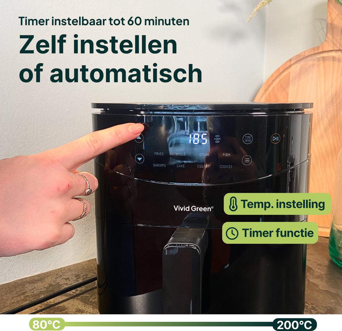 Vivid Green Airfryer 3L – 2 tot 3 Personen – PFAS-vrij – 8 Programma’s – Digitaal Display — afbeelding 6