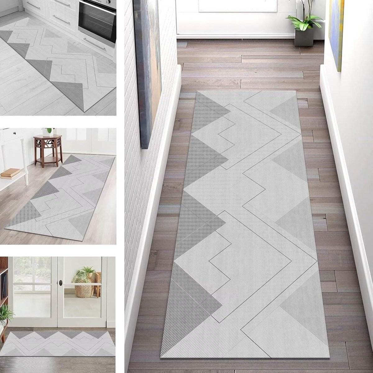 Wasbare Anti-Slip Loper voor Gang, Keuken of Hal - Grijs Geometrisch Vloerkleed op Maat