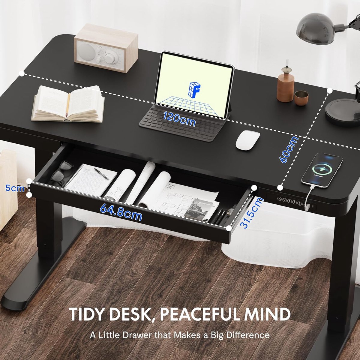 Electric Desk 120x60 cm – Height Adjustable with LED Display, Memory Function, USB Charging & Drawer – Modern Ergonomic Home Office Desk – Luxe Black – Abkantoor