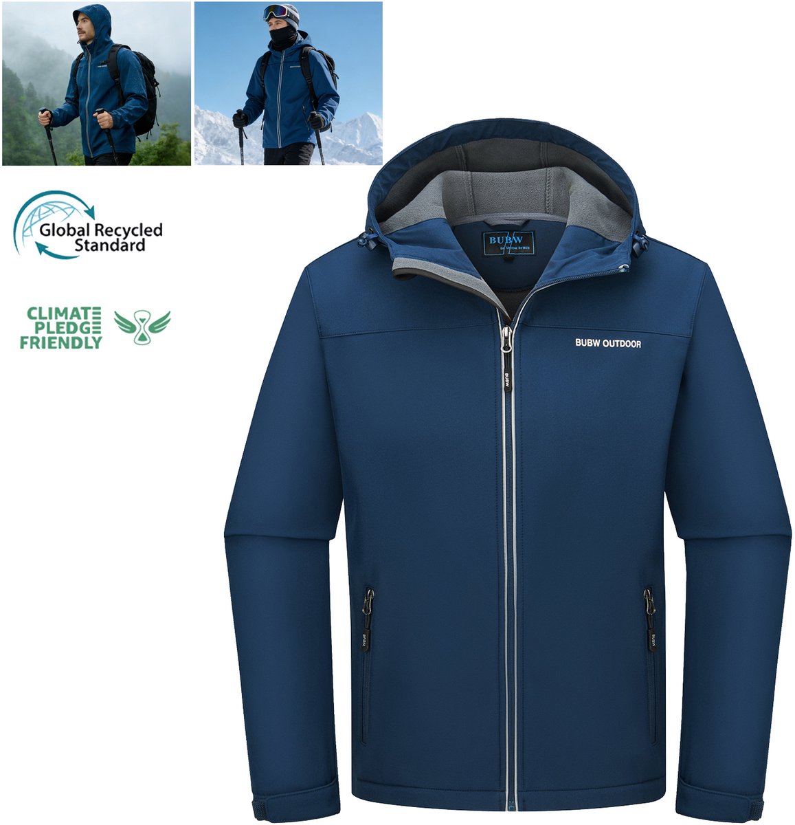 BUBW® Heren Outdoorjas Windjack -Softshell Jas 4 Seizoenen Fleece Gevoerd Winddicht Waterafstotend Ademend Rits Zakken Met Capuchon Blauw