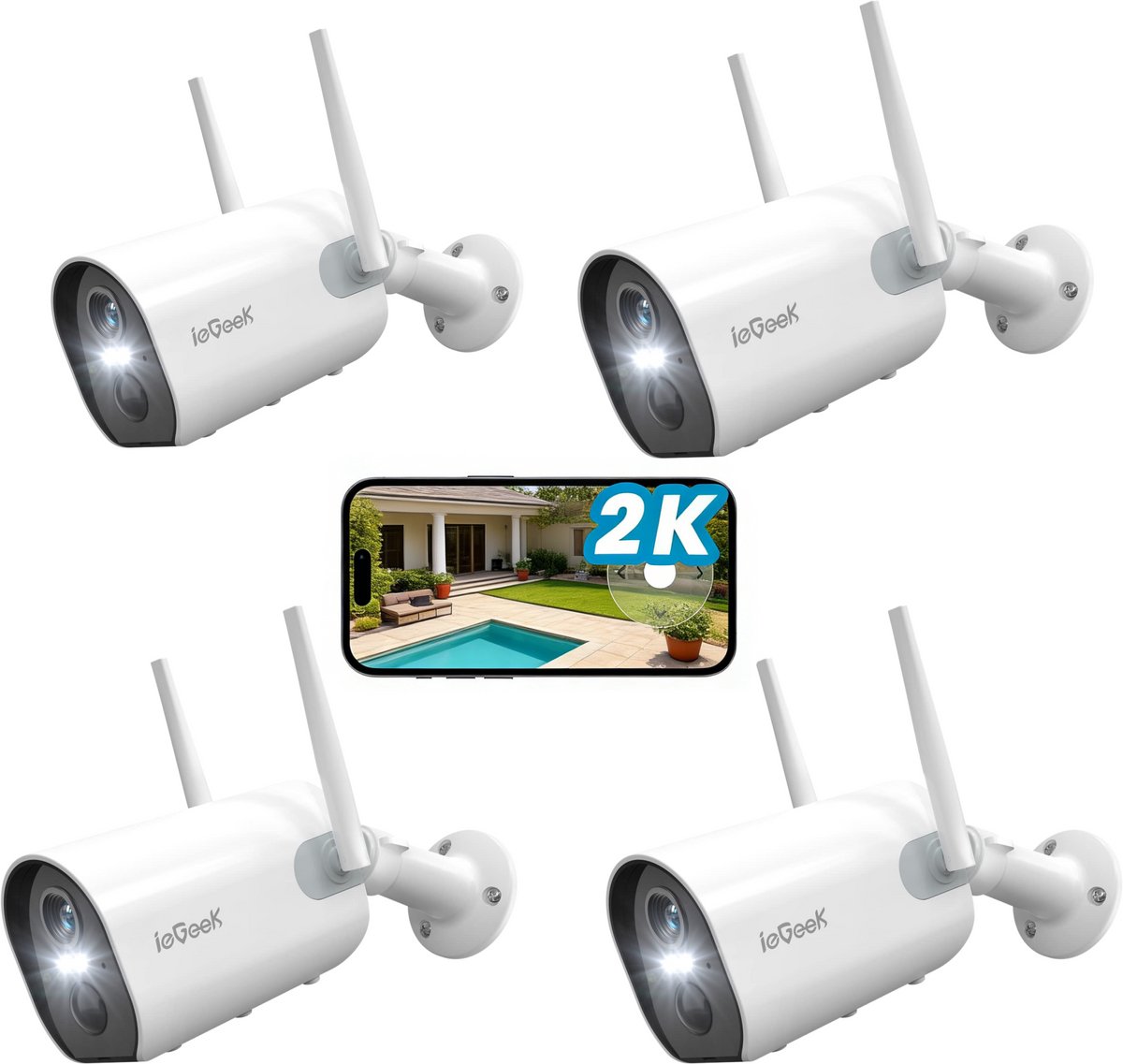ieGeek Bewakingscamera Voor Buiten – 2K HD 3MP - Buiten Camera Met Nachtzicht – Buitencamera - Beveiligingscamera Buiten - Met WiFi en APP - 4 Stuks