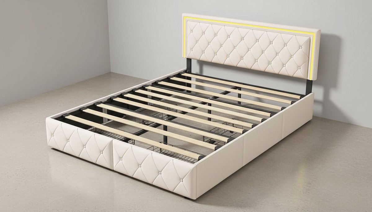 Gestoffeerd Tweepersoonsbed 140x200 cm – Casa Velluto Aurora Opbergbed met 4 Lades, Lattenbodem, Modern Design, Volwassen Bed, PU Coating, Zonder Matras – Gebroken Wit