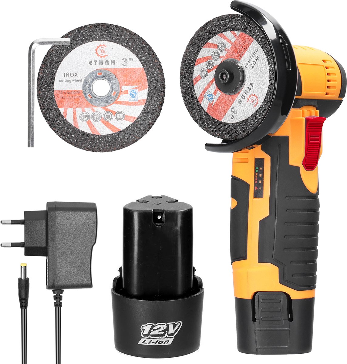 Mini Haakse Slijper 12V Draadloos – 19.500 RPM – 75mm – 2 Accu’s & 2 Slijpschijven – Compacte Accu Slijptol voor Metaal & Tegels