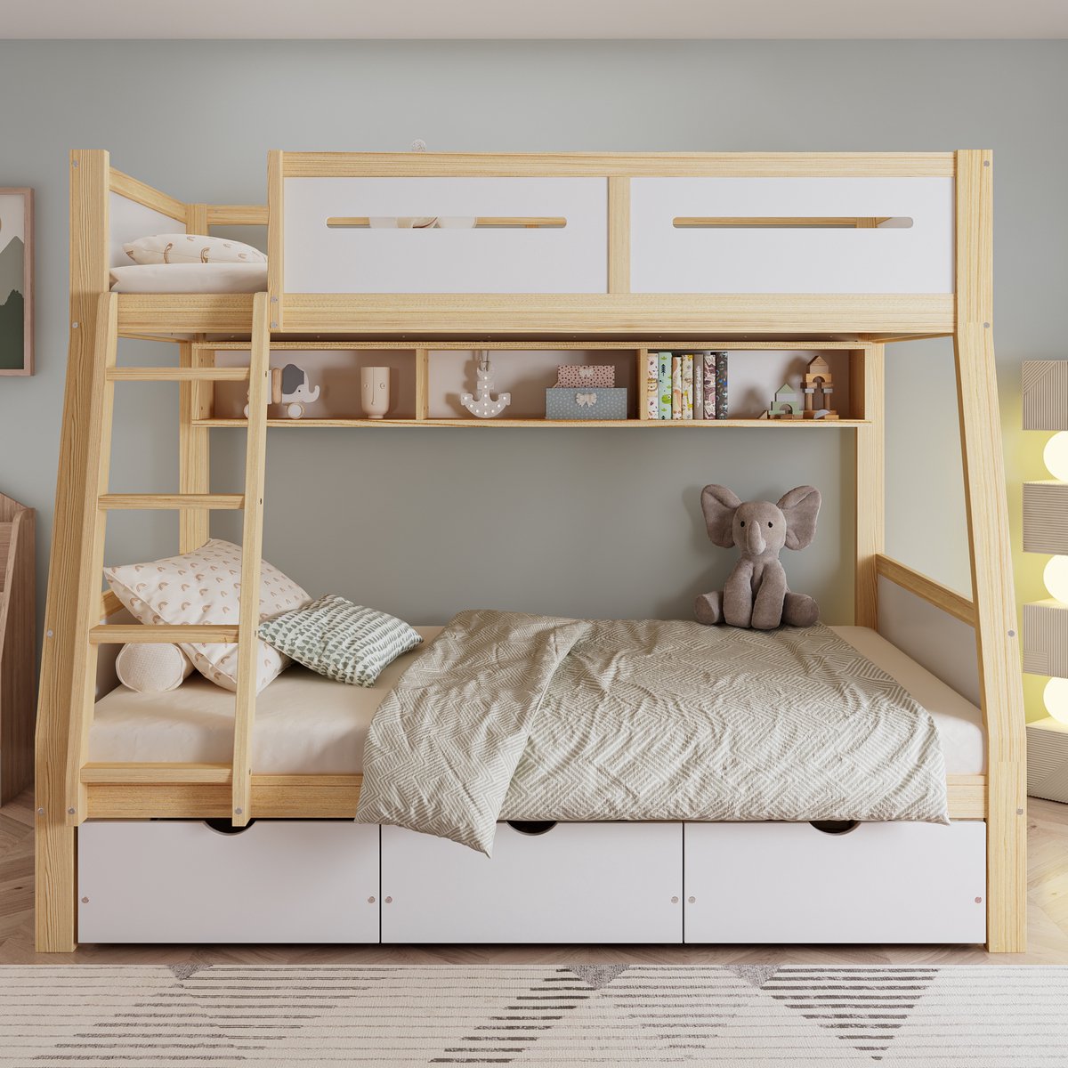 Clruro Stapelbed - 90/120x200 cm - Met 3 Lades en Boekenrek - Veiligheidshek - Grenen/MDF - Wit/Naturel Wit+Natuurlijk