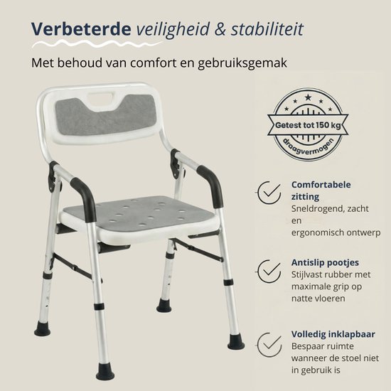 BY JRM® Inklapbare Douchestoel - Douchekruk - Incl. badset, douche puff, douchekophouder - Met Armleuning - Hoogte Verstelbaar - Antislip - Grijs