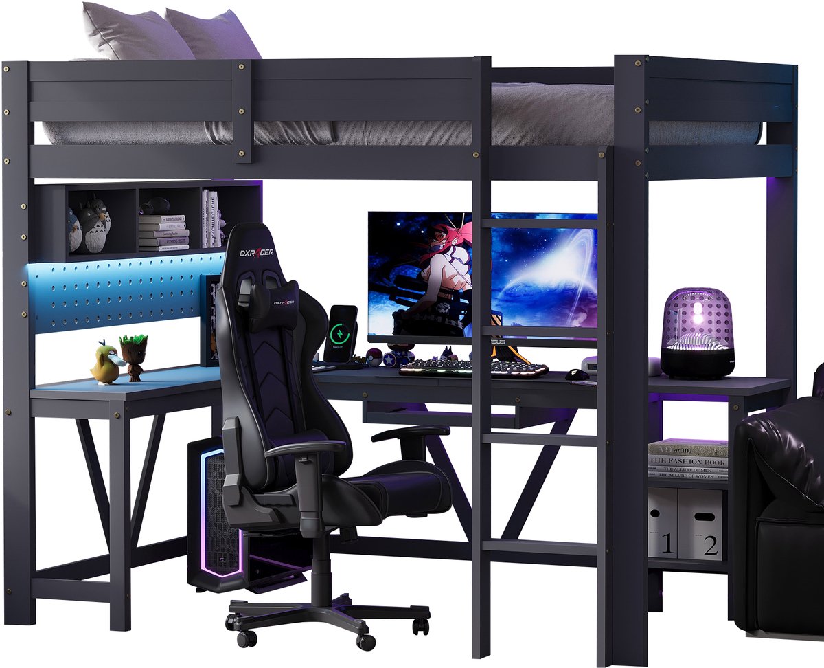 REDOM Multifunctionele Hoogslaper met L-Bureau (90x200 cm) - Gamebed incl. LED-strip, Laadstation & Pegboard - Grijs