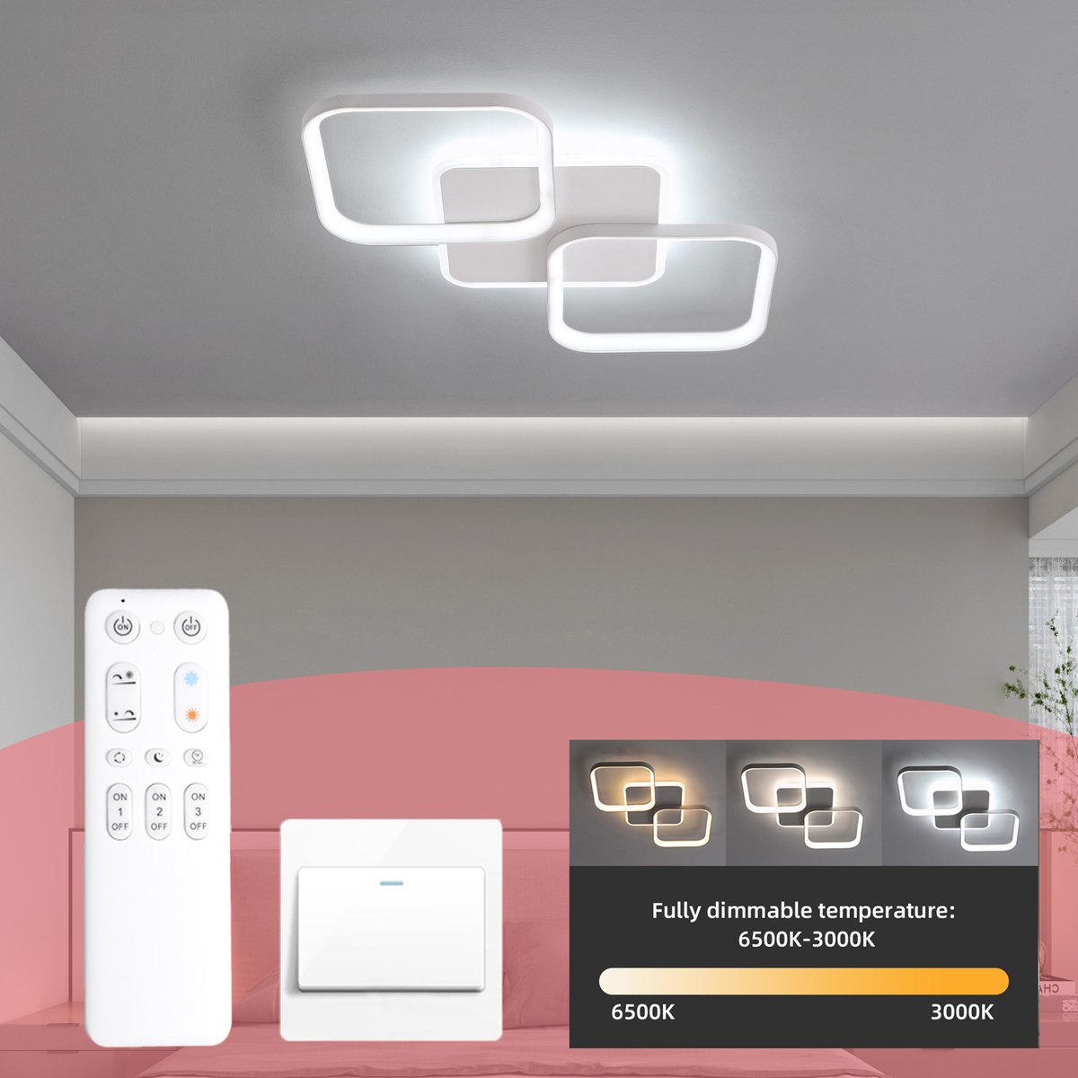ANTENLICHT LED Plafonniére - 2 Plafondlamp Wit - Met verlichting - Woonkamer Lamp 40W - 3000K-6500K - 4500LM - Dimbaar - Met Afstandsbediening