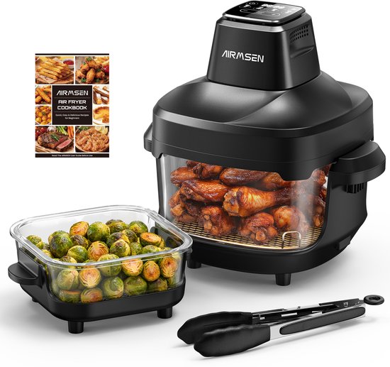 AIRMSEN Airfryer - Heteluchtfriteuse - Volledig zichtbaar venster - 1500W - Met 2 glazen frituurmanden (4,5L & 1,2L) - PFAS-vrij - 4 kookprogramma's - Eenvoudig te reinigen - Zwart
