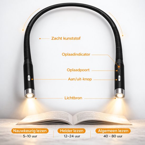 Felence Nekleeslamp - Leeslamp - Neklamp - USB-Oplaadbaar - Outdoorlamp - Handsfree - Ultraflexibel - 3 helderheidsniveaus instelbaar - Leeslamp voor op bed - Geschikt voor lezen, reizen, breien, haken en kamperen - Zwart en Zilver — afbeelding 2