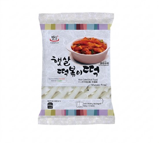 Matamun Tteokbokki rijstcake sticks, glutenvrij, 600g. De verpakking toont een kom met tteokbokki en gedetailleerde productinformatie.