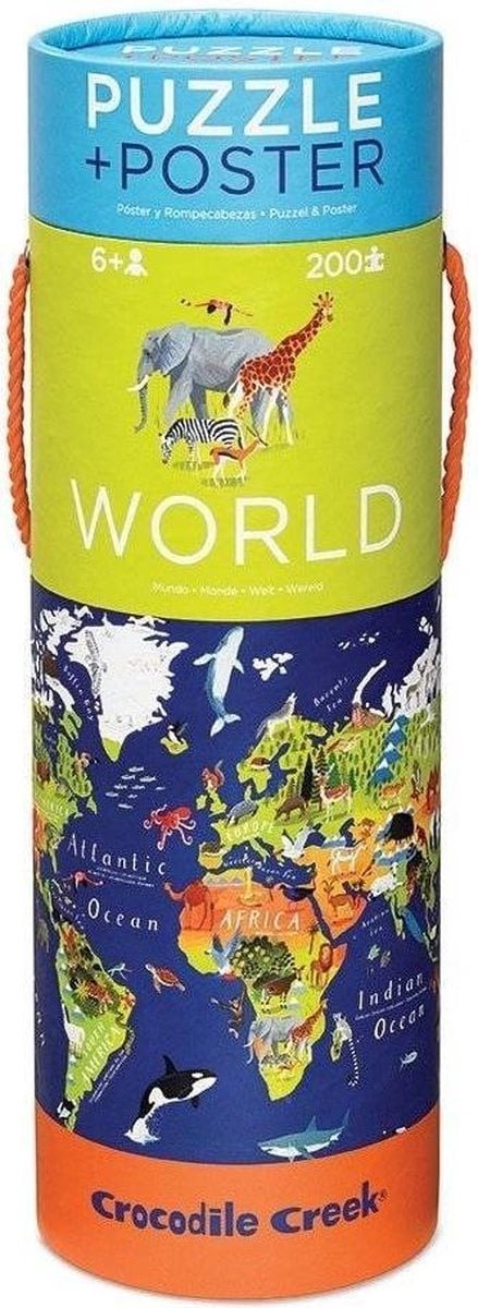 Crocodile Creek wereldpuzzel 200 stukjes met dieren en poster.
