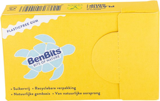 Gele BenBits doos met logo en schildpad. 'Plasticfree gum' en 'New' zijn erop gedrukt.