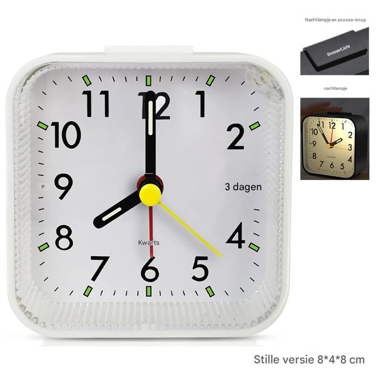Ynkkvre Stille Analoge Wekker – Zonder Tikkend Geluid – Snooze & Nachtlicht – Compacte Reisklok – Glow-in-the-Dark Cijfers - Wit