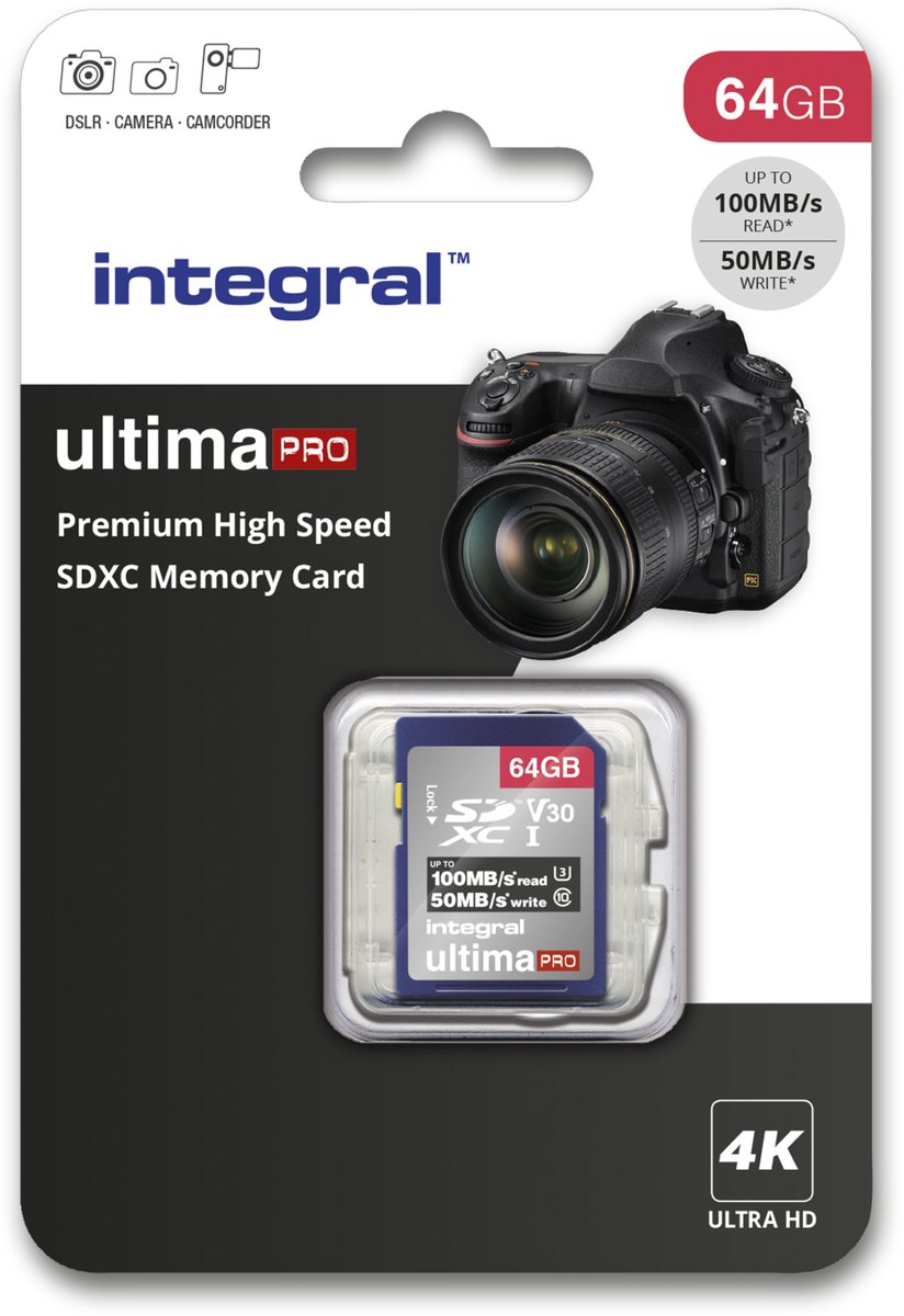Geheugenkaart integral sdxc v30 64gb