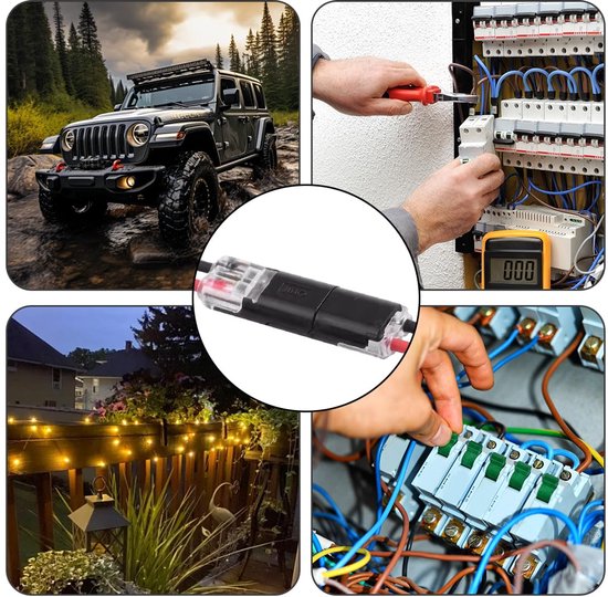 Collage: Jeep in water, elektricien aan meterkast, draadconnectoren in een tuin met verlichting.