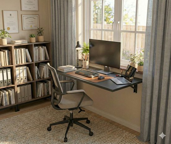 Zwarte inklapbare wandtafel ingericht als bureau met een computer, laptop en bureaustoel.