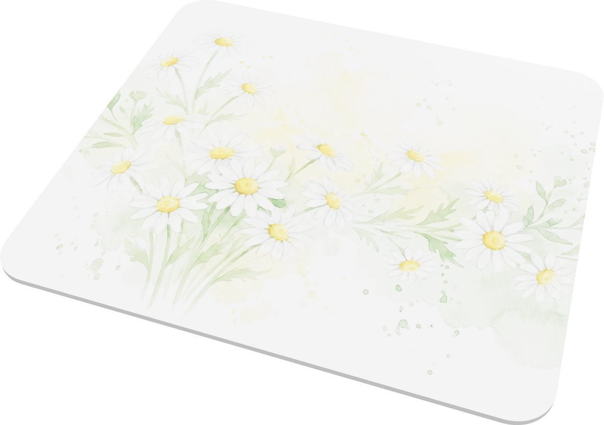 Muismat Aquarel Series Madeliefjes - Witte Veldbloemen en Gele Waterverf Splash Design - Botanische Kantoor Decoratie en Werkplek Accessoires - Uniek Cadeau voor haar: Vriendin & Collega - Natuur Thema Computermuis Mat voor Thuiswerken