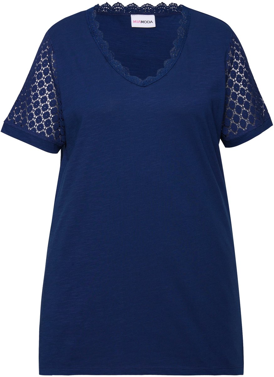 MIAMODA - Dames - T-shirt A-lijn gehaakt kant details V-hals - Donkerblauw - Maat 44