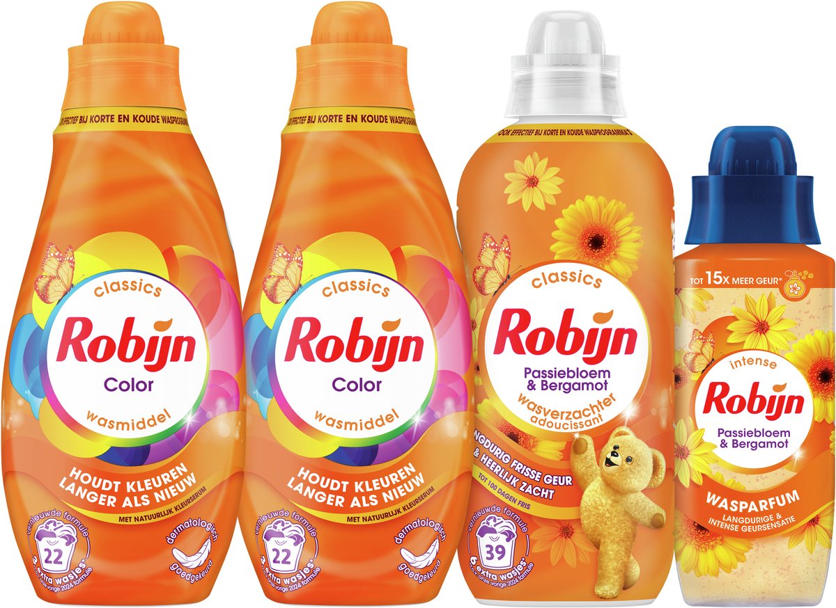 Robijn Perfect Match - Passiebloem & Bergamot - 4 stuks - 2x wasmiddel + 1 wasverzachter + 1 wasparfum - Voordeelverpakking