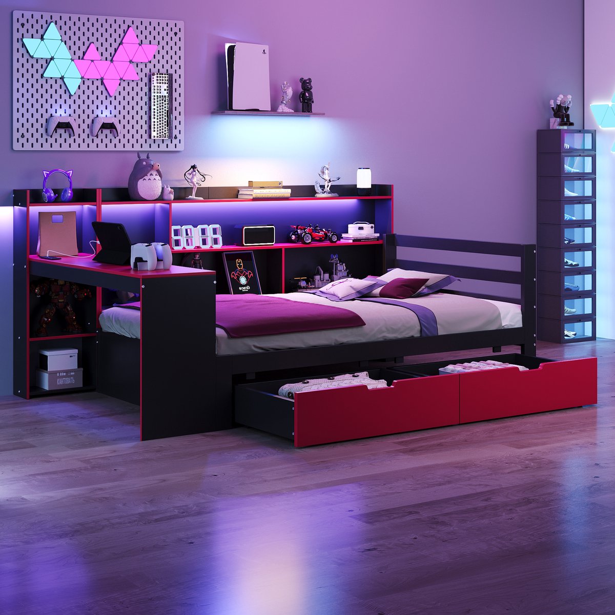 Houten Bed, Slaapbank 90 x 200 cm, met Bureau, Boekenplank, Opbergvakken en Planken, met Geïntegreerde Verlichting en Stopcontacten, Lades, Multifunctioneel Houten Bed, Zwart + Rood