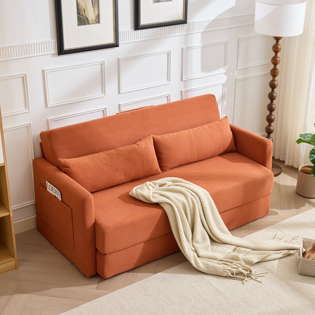 STILVORA Slaapbank 165 X 92 X 82 Cm - 2 In 1 Opklapbaar Met Lendenkussens En Opbergvakken - Voor Wonen En Logees - Ribstof - Oranje