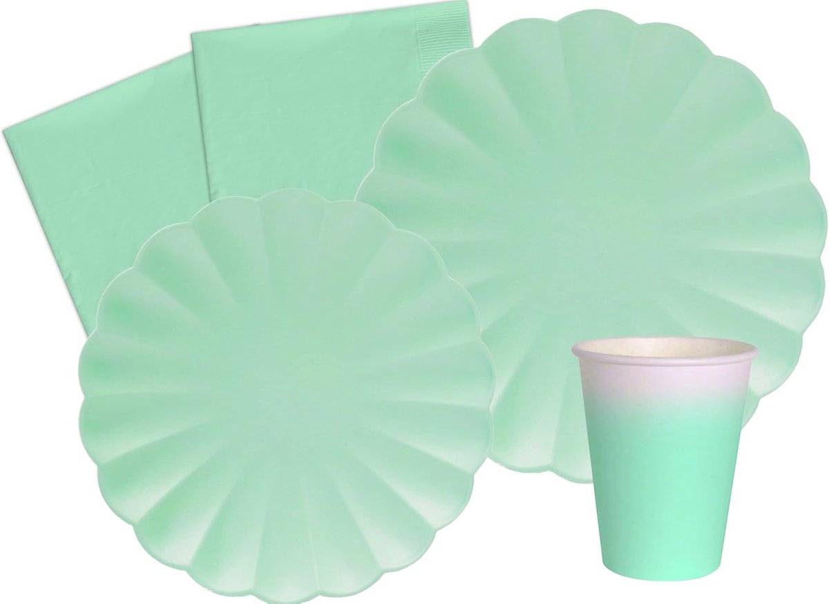 Servies Set - Feestartikelen - Verjaardag Viering - Bloem Vorm - 112 Stuks - Mint Groen