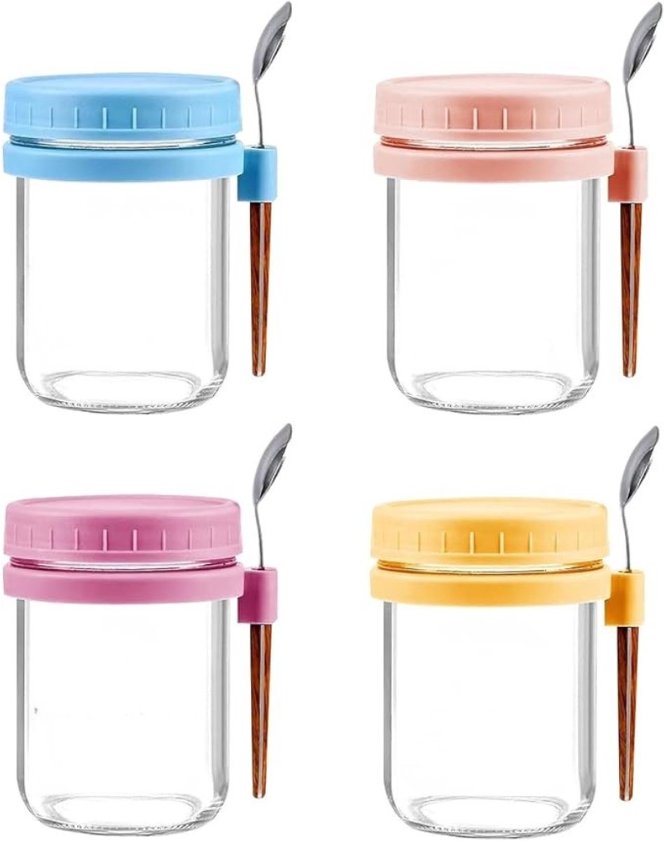 Verte Overnight Oats Potjes - Potjes voor Overnight Oats met Deksel en Lepels – Inmaakpotten - Glazen Potten - Potjes voor Maaltijdvoorbereiding - Havermoutpotjes voor Salade – 480 mL