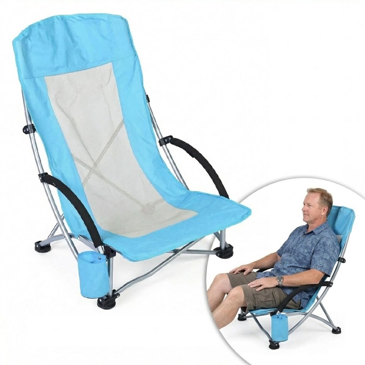 Lage Strandstoel Opvouwbaar – Ergonomische Campingstoel met Hoge Rugleuning – Lichtgewicht & Ademend – 150 kg Belastbaar – Met Bekerhouder & Draagtas