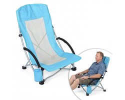 Lage Strandstoel Opvouwbaar – Ergonomische Campingstoel met Hoge Rugleuning – Lichtgewicht & Ademend – 150 kg Belastbaar – Met Bekerhouder & Draagtas