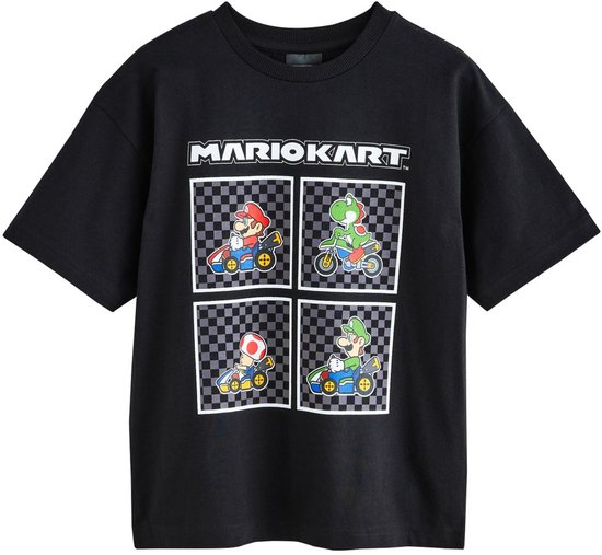 Zwarte t-shirt met Mario Kart graphics, Mario, Yoshi, Toad en Luigi.