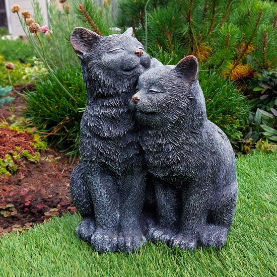 Janse® Poezen tuinbeeld - Hartvormige staarten - Poezen koppel - Katten tuinbeeld - Grafdecoratie poes - Herdenkingsbeeld - Standbeeld polyresin - Tuindecoratie