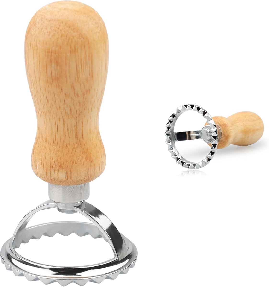 Raviolivorm Rond - Pastavorm Deegsteker - Verse Pasta Maken - Houten Handvat - Metaal Hout