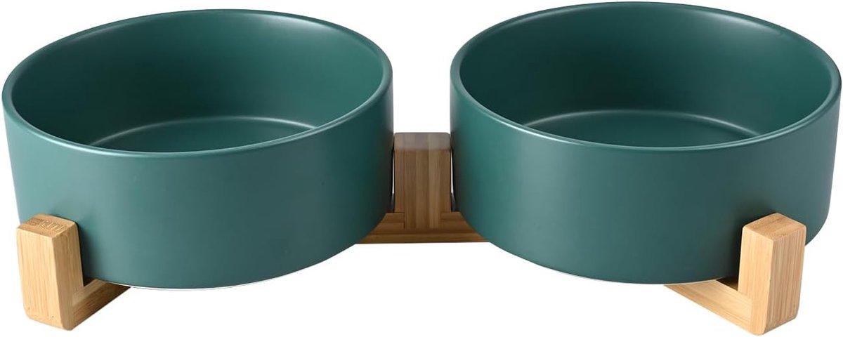 Dubbele Hondenbak - Voerbakken Set - Grote Honden - Keramiek Bamboe Standaard - 1800ml - Groen