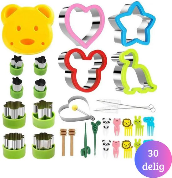 Set van 30 stuks, waaronder teddybeer, hart, ster, pinguïn, Muis, bloemen en dieren uitsteekvormen, plus reinigingsborstels en cocktailprikkers.
