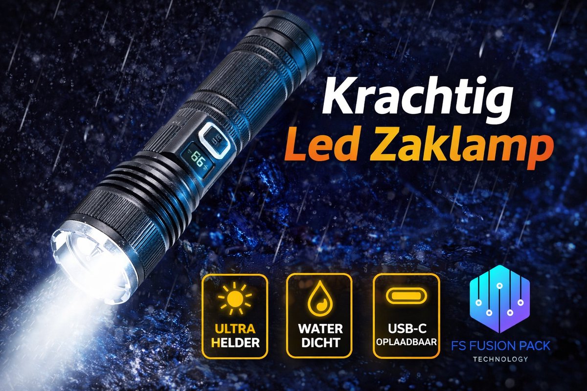Krachtige oplaadbaar LED Zaklamp 10000 Lumen-Oplaadbaar, Noodpakket-Zoomfunctie & 5 Modi-IP65 Waterdicht-Ideaal voor Outdoor & Noodsituaties FS Fusion Pack 10000 Lumen Tactische Zaklamp USB-C -LED Display, Waterdicht IP65, Zoom, 5 Modi, Lange Afstand