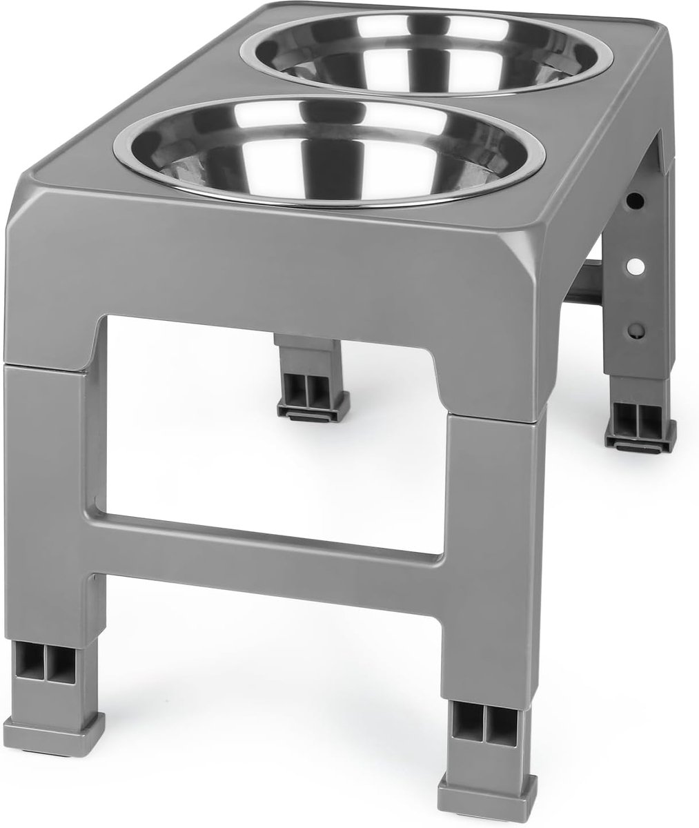 Verhoogde hondenbak - Voerbak standaard - Comfortabel eten - Verstelbare hoogte - 44 x 24 x 8 cm - Grijs