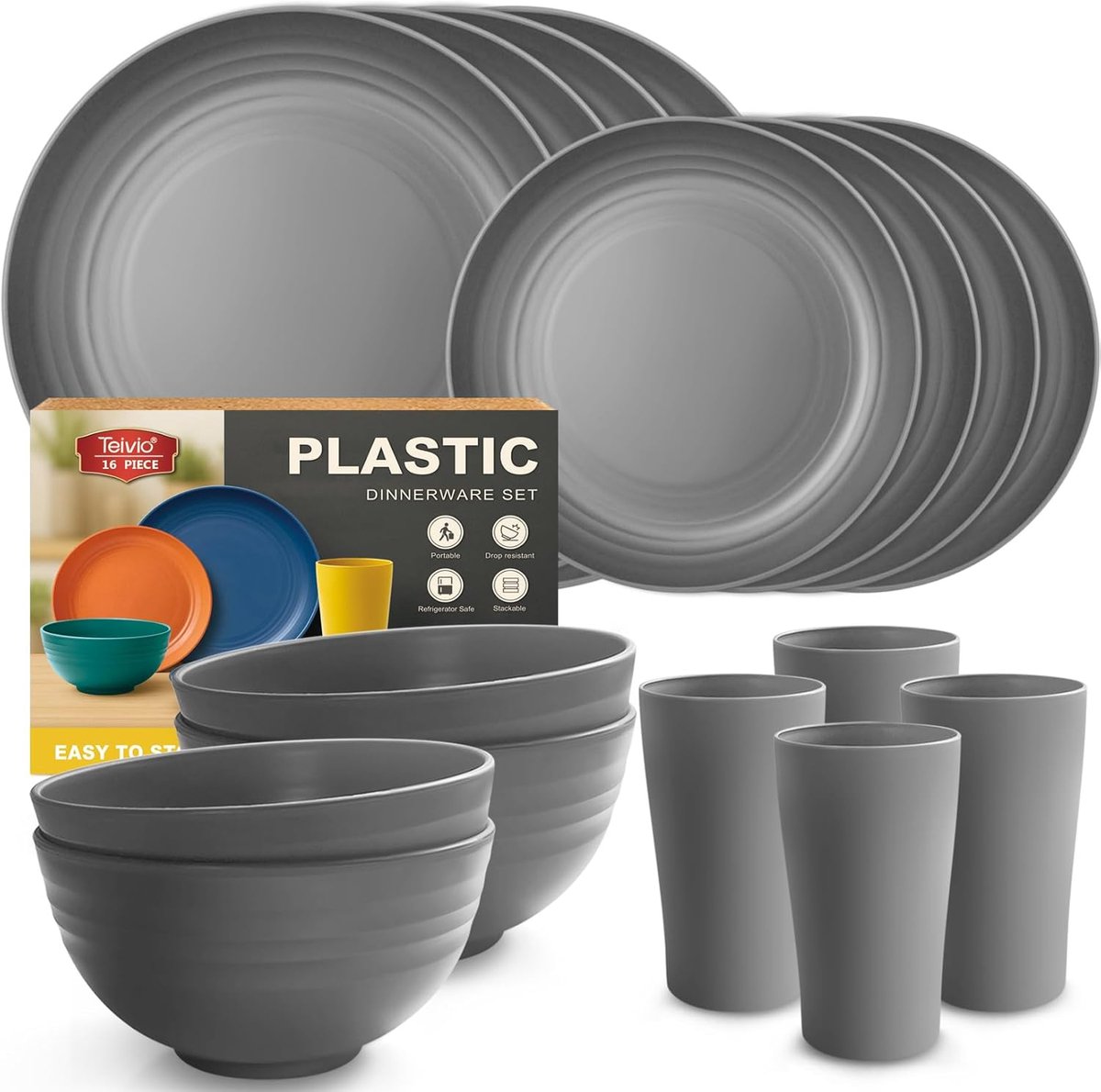 Keuken Servies Set - Diner Borden - Outdoor Camping - Onbreekbaar Kunststof - Service voor 4 - Grijs