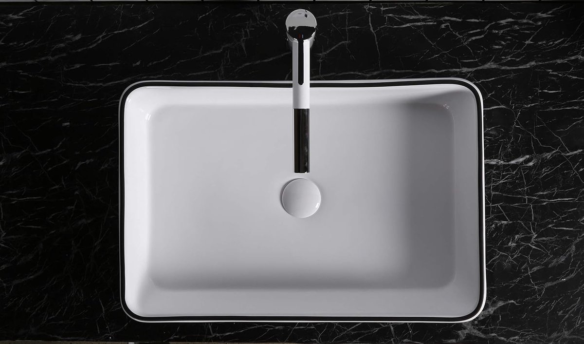 Keramiek Wastafel - Fontein Badkamer - Modern Interieur - Lotus Effect - 61x41x11.5 cm - Hoogglans Zwart/Wit
