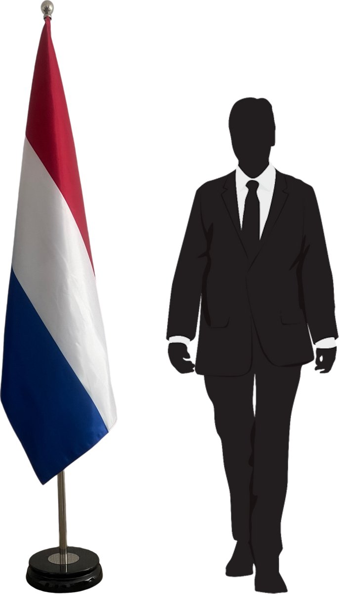 Nederlandse vlag met standaard - zwarte marmeren voet - zilverkleurige telescopische mast tot 3 m - luxe vloervlag
