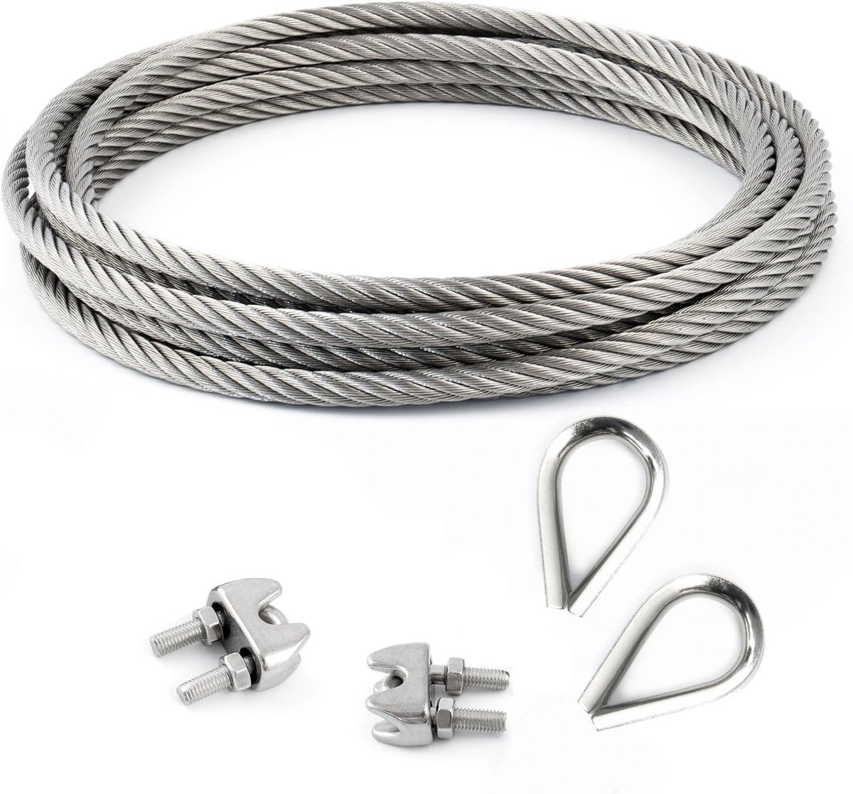Draadtouw Set - Stalen Kabel - Trekken Optillen Bevestigen - 7x19 Streng Constructie - 15m 8mm - Roestvrij Staal