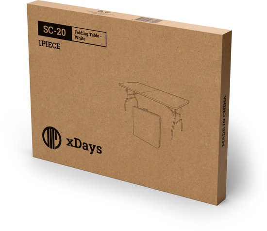 Kartonnen verpakking voor een witte klaptafel 'SC-20' van het merk xDays. Afbeelding van de tafel en de opgevouwen tafel.