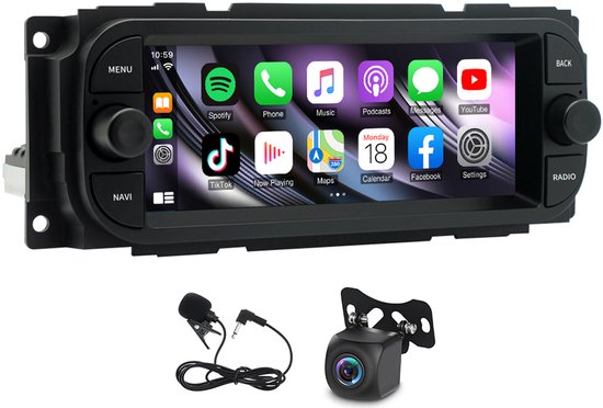 Autoradio - voor Jeep, Dodge en Grand Voyager modellen: 6,86-inch Android 14 navigatiesysteem met ingebouwde CarPlay, Android Auto/2, 64 GB opslag, AHD-camera en microfoon.